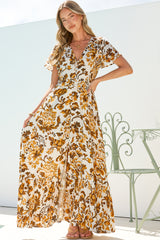 Kali Maxi Dress - Button-front Dress with Flutter Sleeves and Front Split in Quest Print Brown