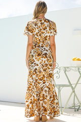Kali Maxi Dress - Button-front Dress with Flutter Sleeves and Front Split in Quest Print Brown