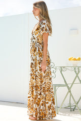 Kali Maxi Dress - Button-front Dress with Flutter Sleeves and Front Split in Quest Print Brown