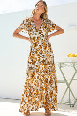 Kali Maxi Dress - Button-front Dress with Flutter Sleeves and Front Split in Quest Print Brown