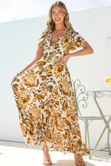 Kali Maxi Dress - Button-front Dress with Flutter Sleeves and Front Split in Quest Print Brown