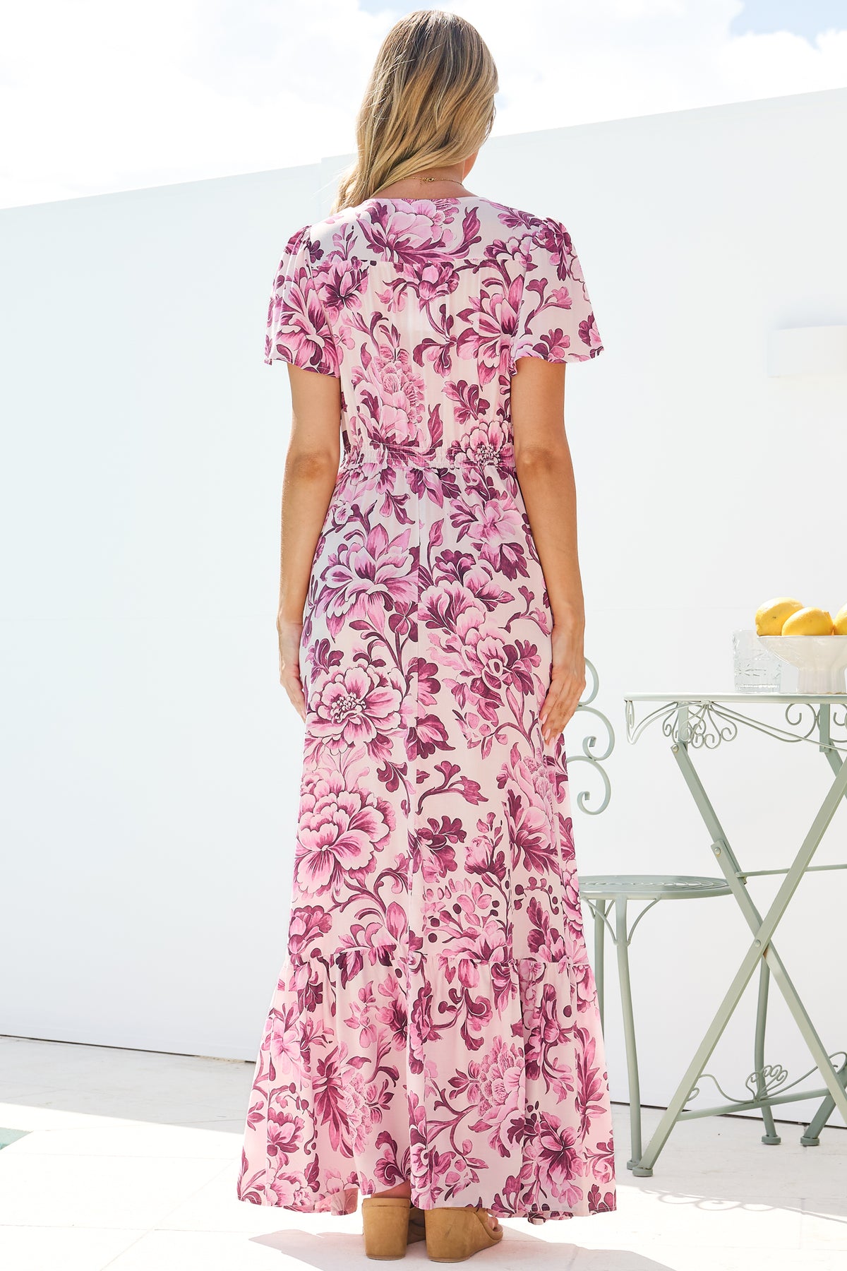 Kali Maxi Dress - Button-front Dress with Flutter Sleeves and Front Split in Quest Print Pink