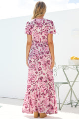 Kali Maxi Dress - Button-front Dress with Flutter Sleeves and Front Split in Quest Print Pink