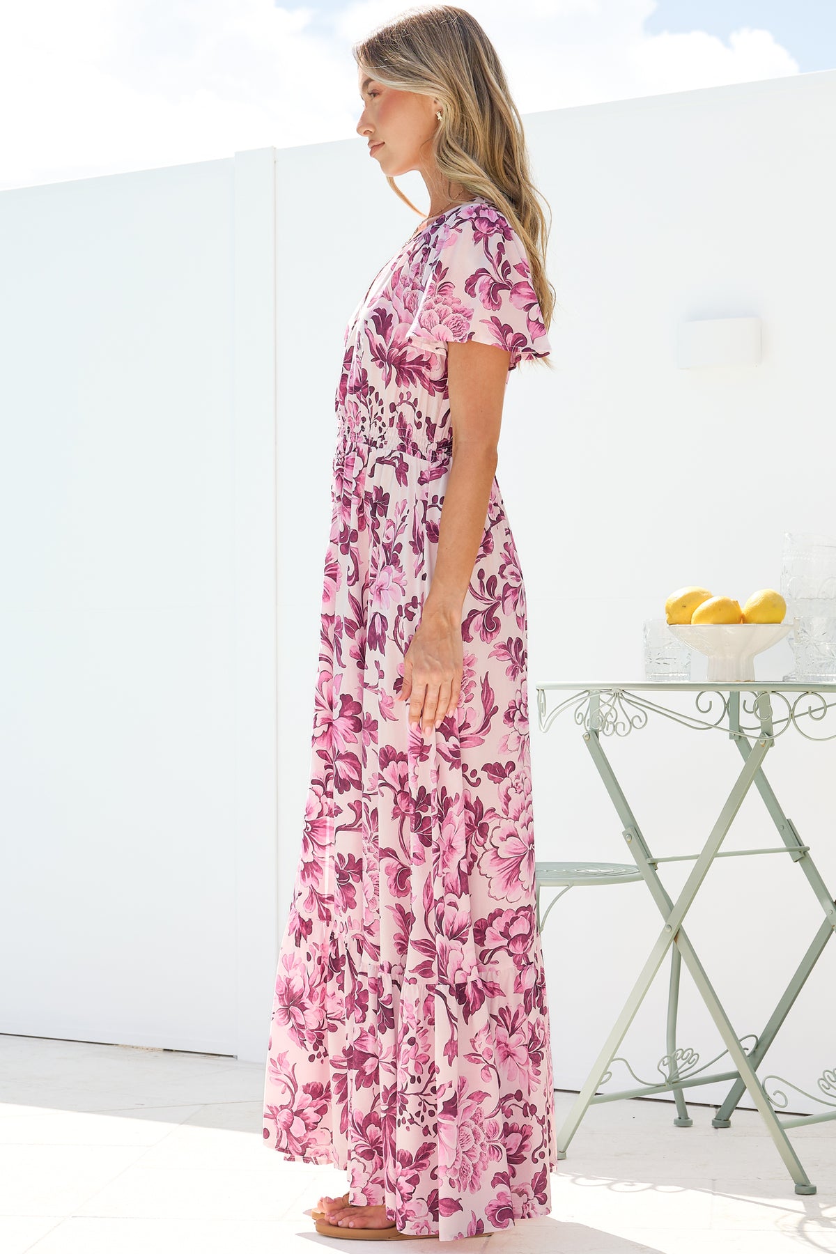 Kali Maxi Dress - Button-front Dress with Flutter Sleeves and Front Split in Quest Print Pink