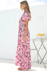 Kali Maxi Dress - Button-front Dress with Flutter Sleeves and Front Split in Quest Print Pink