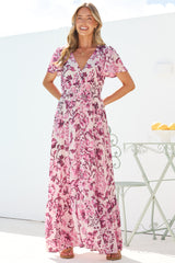 Kali Maxi Dress - Button-front Dress with Flutter Sleeves and Front Split in Quest Print Pink