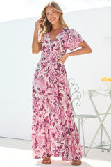 Kali Maxi Dress - Button-front Dress with Flutter Sleeves and Front Split in Quest Print Pink