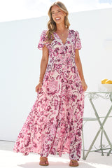 Kali Maxi Dress - Button-front Dress with Flutter Sleeves and Front Split in Quest Print Pink