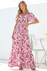 Kali Maxi Dress - Button-front Dress with Flutter Sleeves and Front Split in Quest Print Pink