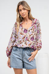 Kalina Blouse -  V Neck High Low Top with Balloon Sleeves and Lace Detailing in Antonia Print Beige