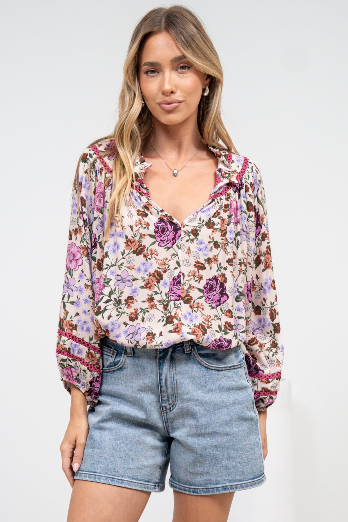 Kalina Blouse -  V Neck High Low Top with Balloon Sleeves and Lace Detailing in Antonia Print Beige