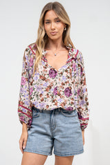 Kalina Blouse -  V Neck High Low Top with Balloon Sleeves and Lace Detailing in Antonia Print Beige