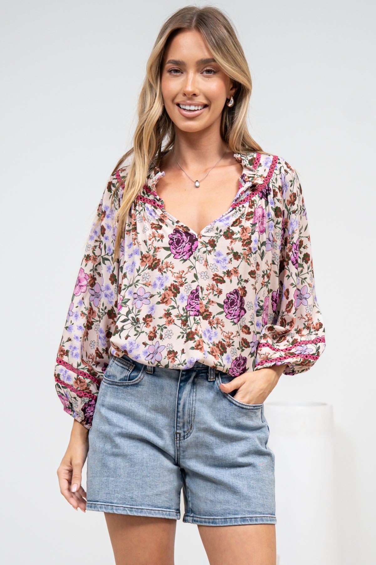 Kalina Blouse -  V Neck High Low Top with Balloon Sleeves and Lace Detailing in Antonia Print Beige