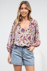 Kalina Blouse -  V Neck High Low Top with Balloon Sleeves and Lace Detailing in Antonia Print Beige