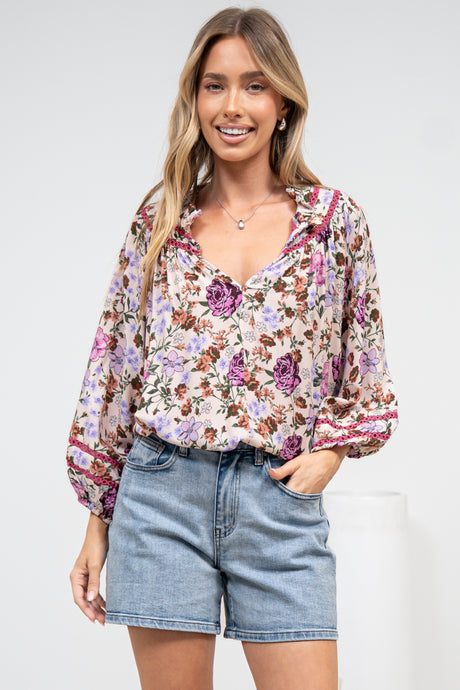 Kalina Blouse -  V Neck High Low Top with Balloon Sleeves and Lace Detailing in Antonia Print Beige