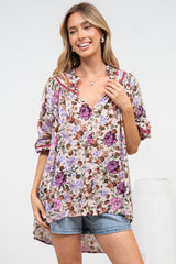Kalina Blouse -  V Neck High Low Top with Balloon Sleeves and Lace Detailing in Antonia Print Beige