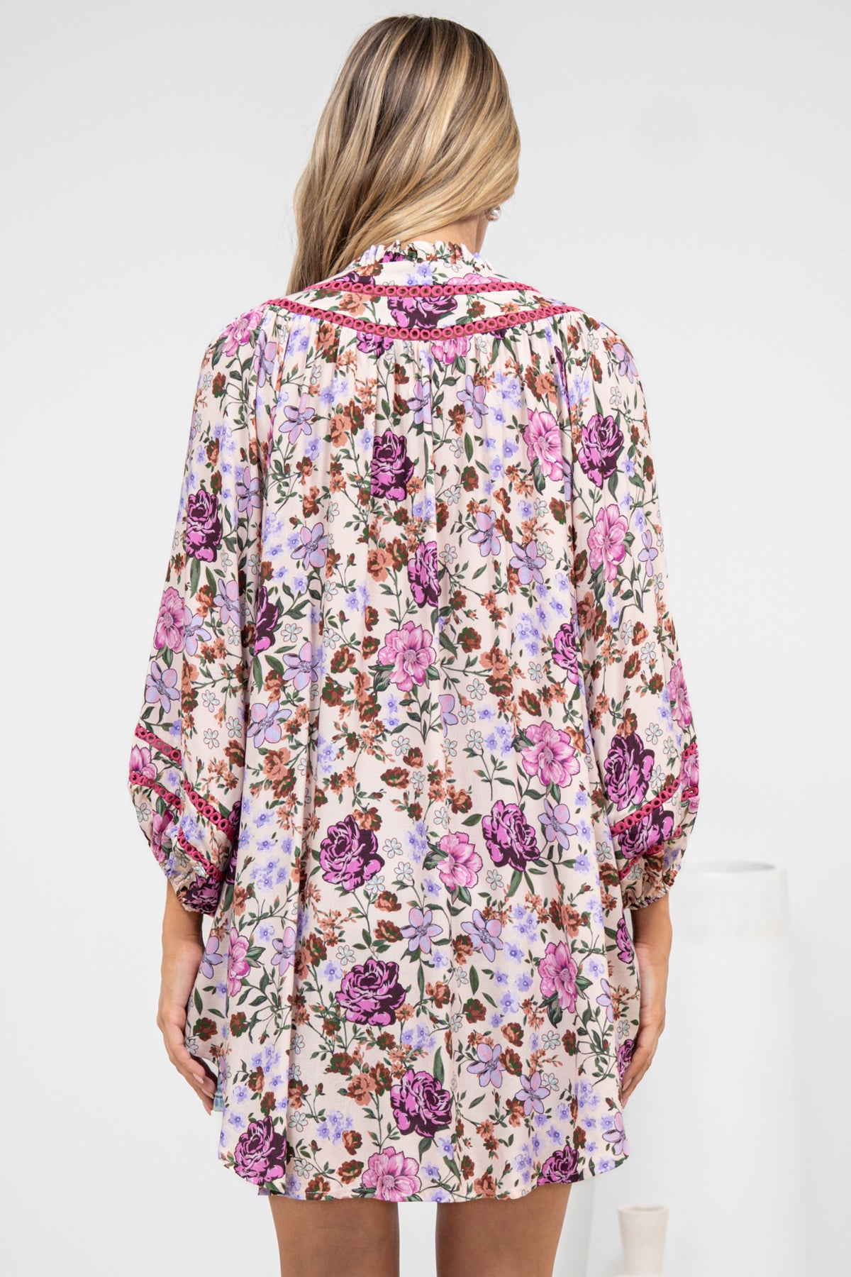 Kalina Blouse -  V Neck High Low Top with Balloon Sleeves and Lace Detailing in Antonia Print Beige