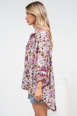 Kalina Blouse -  V Neck High Low Top with Balloon Sleeves and Lace Detailing in Antonia Print Beige