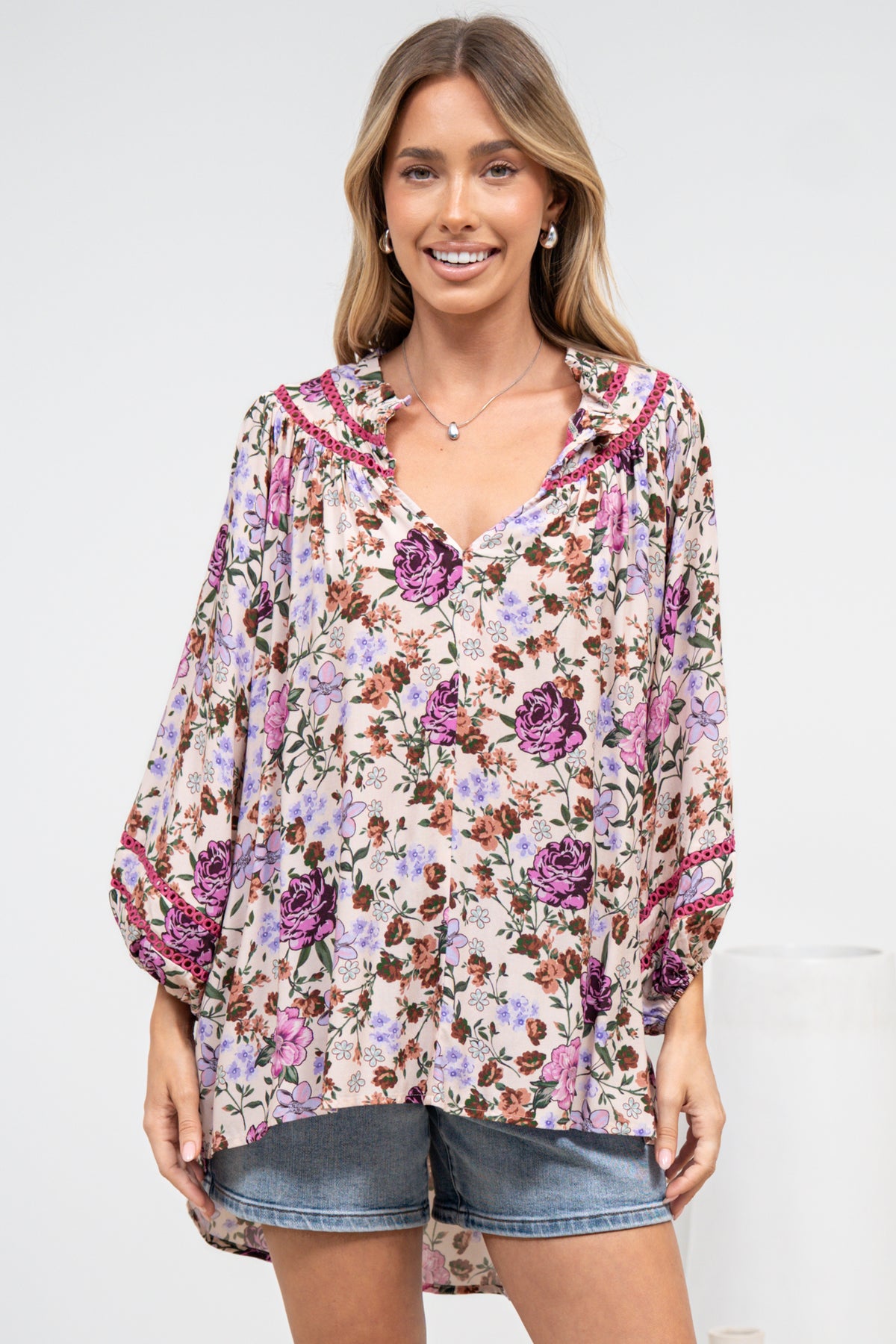 Kalina Blouse -  V Neck High Low Top with Balloon Sleeves and Lace Detailing in Antonia Print Beige