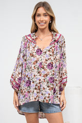 Kalina Blouse -  V Neck High Low Top with Balloon Sleeves and Lace Detailing in Antonia Print Beige