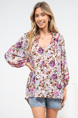 Kalina Blouse -  V Neck High Low Top with Balloon Sleeves and Lace Detailing in Antonia Print Beige