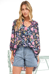 Kalina Blouse -  V Neck High Low Top with Balloon Sleeves and Lace Detailing in Antonia Print Navy