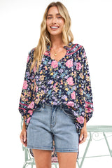 Kalina Blouse -  V Neck High Low Top with Balloon Sleeves and Lace Detailing in Antonia Print Navy