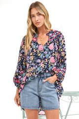 Kalina Blouse -  V Neck High Low Top with Balloon Sleeves and Lace Detailing in Antonia Print Navy