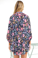 Kalina Blouse -  V Neck High Low Top with Balloon Sleeves and Lace Detailing in Antonia Print Navy