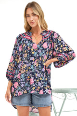 Kalina Blouse -  V Neck High Low Top with Balloon Sleeves and Lace Detailing in Antonia Print Navy