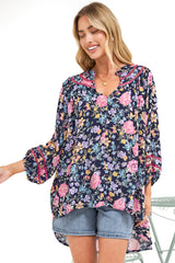 Kalina Blouse -  V Neck High Low Top with Balloon Sleeves and Lace Detailing in Antonia Print Navy