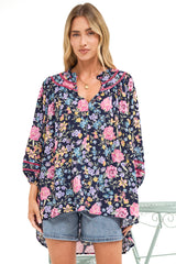 Kalina Blouse -  V Neck High Low Top with Balloon Sleeves and Lace Detailing in Antonia Print Navy