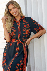 Kally Midi Dress - Collared Shirt Dress with Matching Waist Tie in Alexys Print
