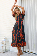 Kally Midi Dress - Collared Shirt Dress with Matching Waist Tie in Alexys Print