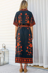 Kally Midi Dress - Collared Shirt Dress with Matching Waist Tie in Alexys Print