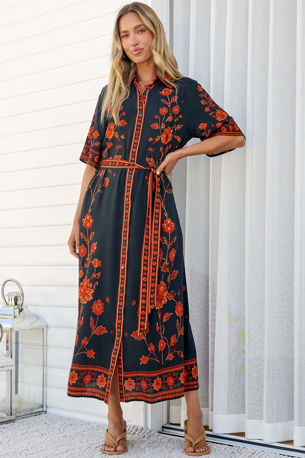 Kally Midi Dress - Collared Shirt Dress with Matching Waist Tie in Alexys Print