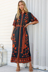 Kally Midi Dress - Collared Shirt Dress with Matching Waist Tie in Alexys Print