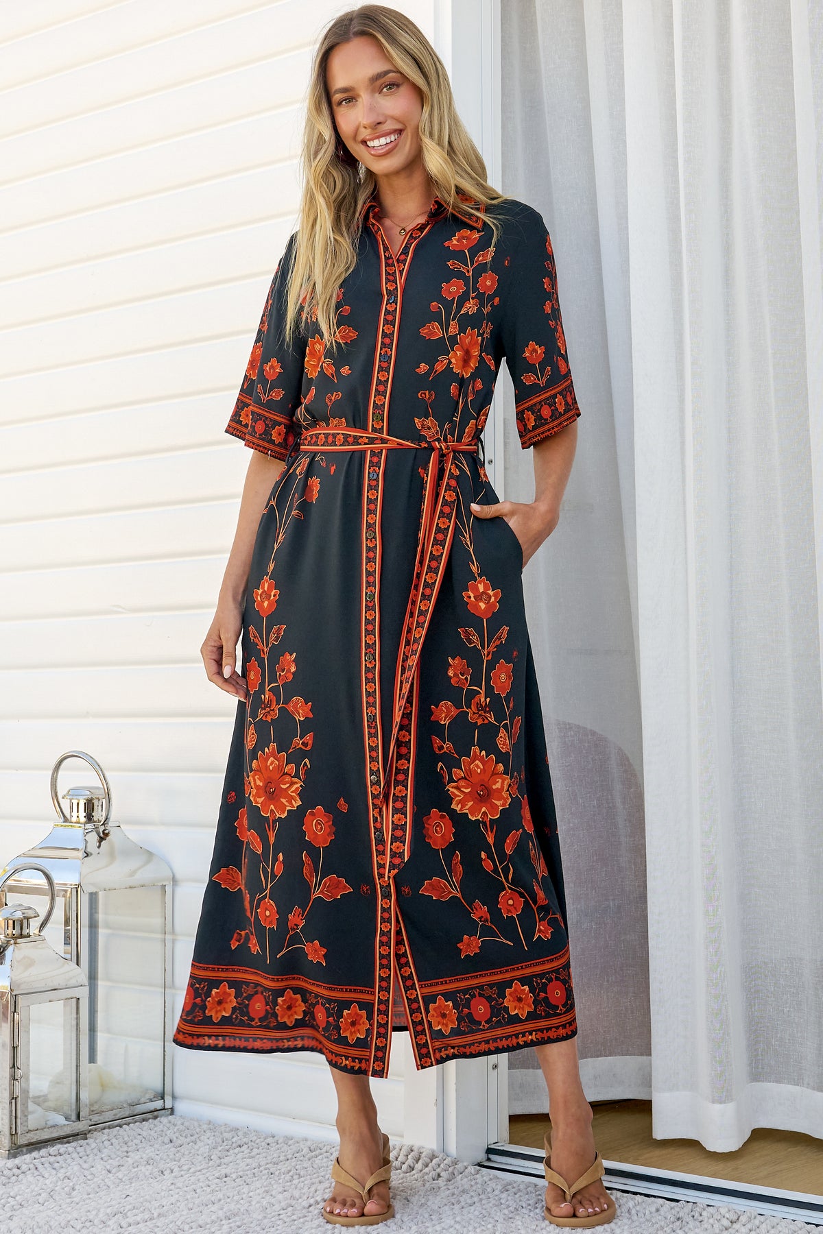 Kally Midi Dress - Collared Shirt Dress with Matching Waist Tie in Alexys Print