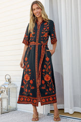 Kally Midi Dress - Collared Shirt Dress with Matching Waist Tie in Alexys Print