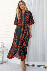 Kally Midi Dress - Collared Shirt Dress with Matching Waist Tie in Alexys Print