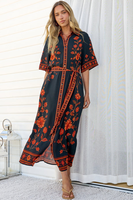 Kally Midi Dress - Collared Shirt Dress with Matching Waist Tie in Alexys Print