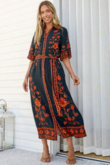 Kally Midi Dress - Collared Shirt Dress with Matching Waist Tie in Alexys Print