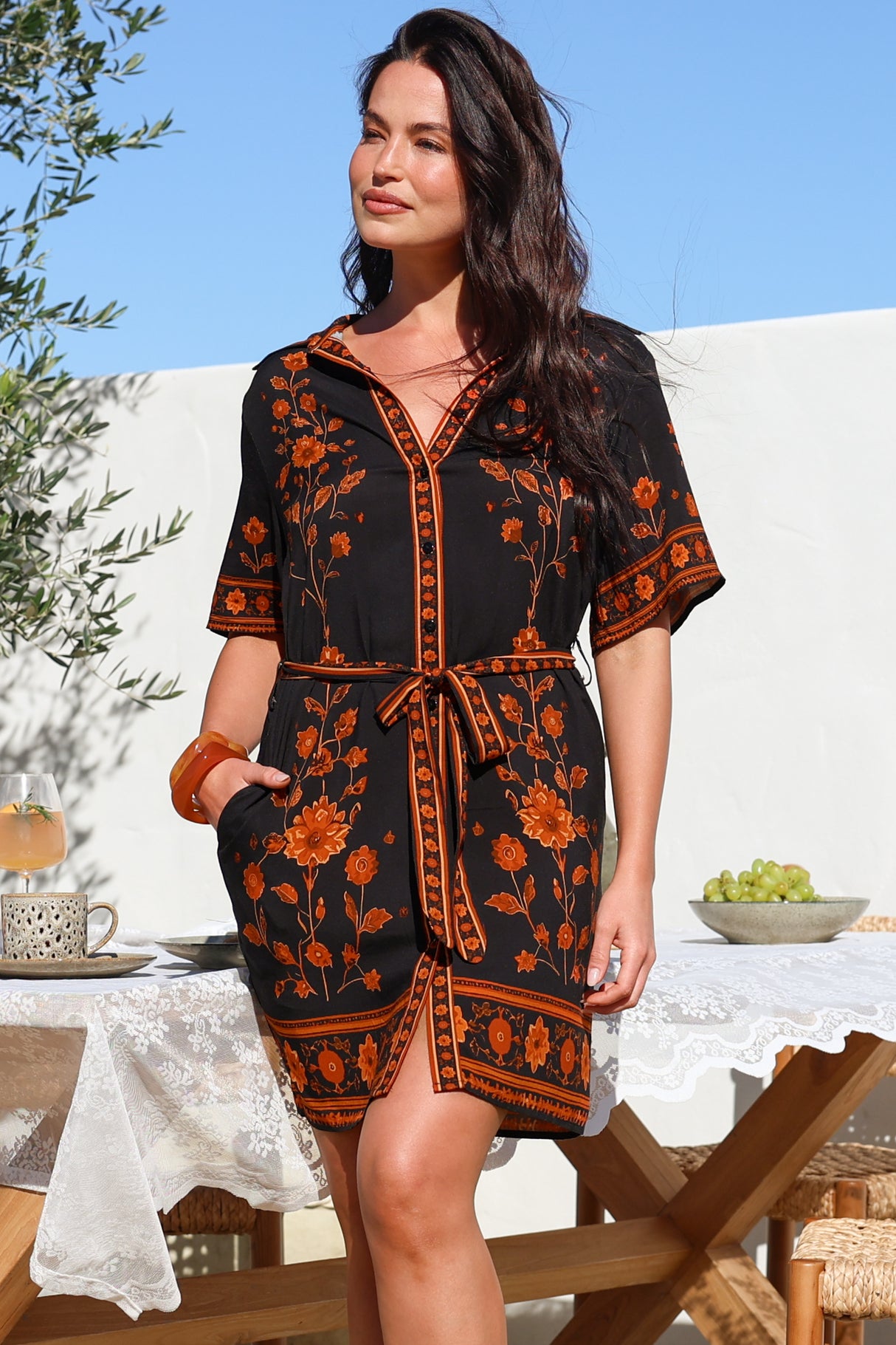 Kally Mini Dress - Collared Shirt Dress with Matching Waist Tie in Alexys Print