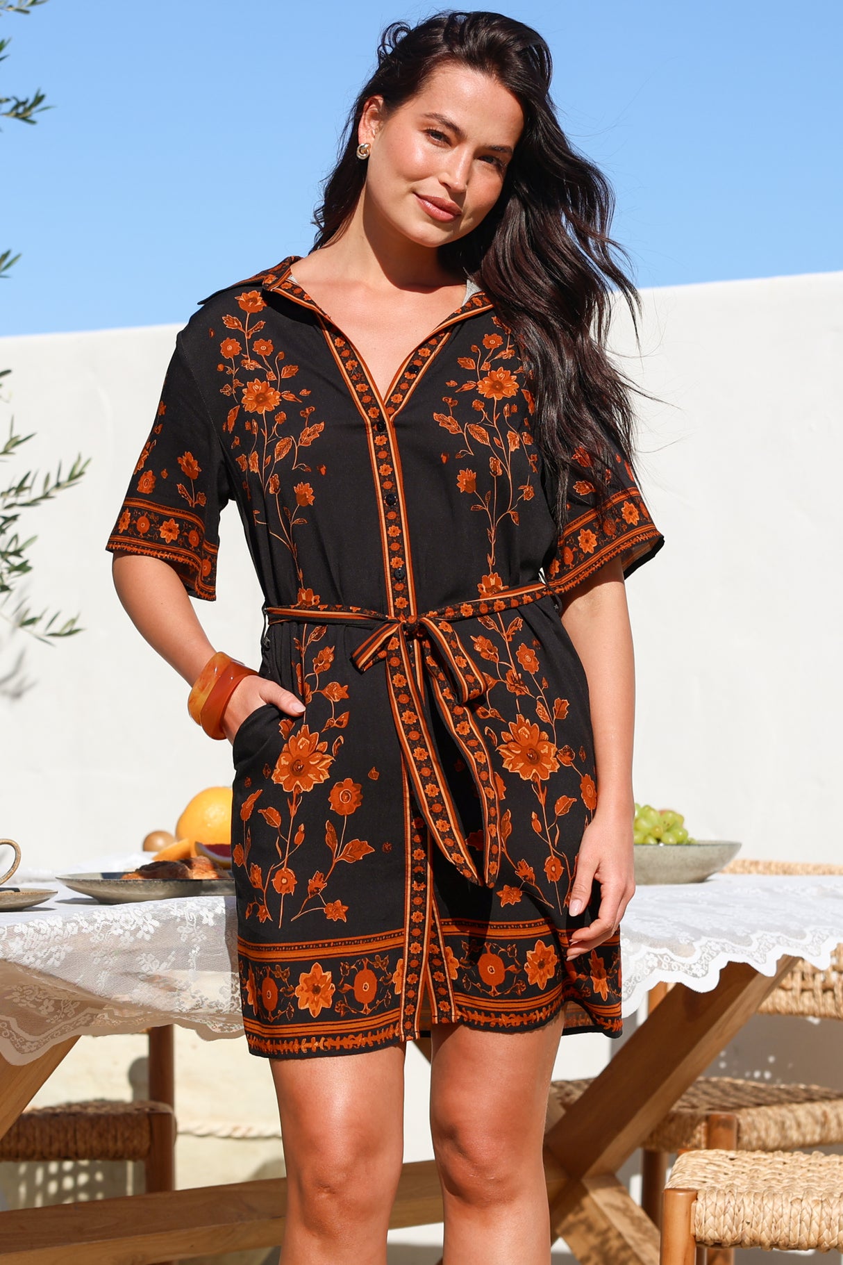 Kally Mini Dress - Collared Shirt Dress with Matching Waist Tie in Alexys Print