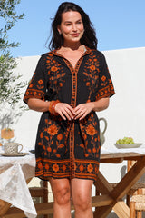 Kally Mini Dress - Collared Shirt Dress with Matching Waist Tie in Alexys Print