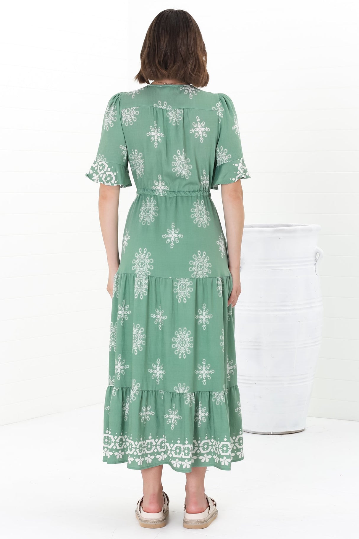 Kama Maxi Dress - Buttoned Bodice Pull Waist A Line Dress in Feba Print Green