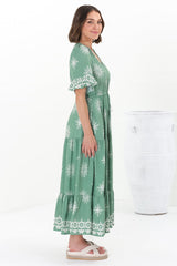 Kama Maxi Dress - Buttoned Bodice Pull Waist A Line Dress in Feba Print Green