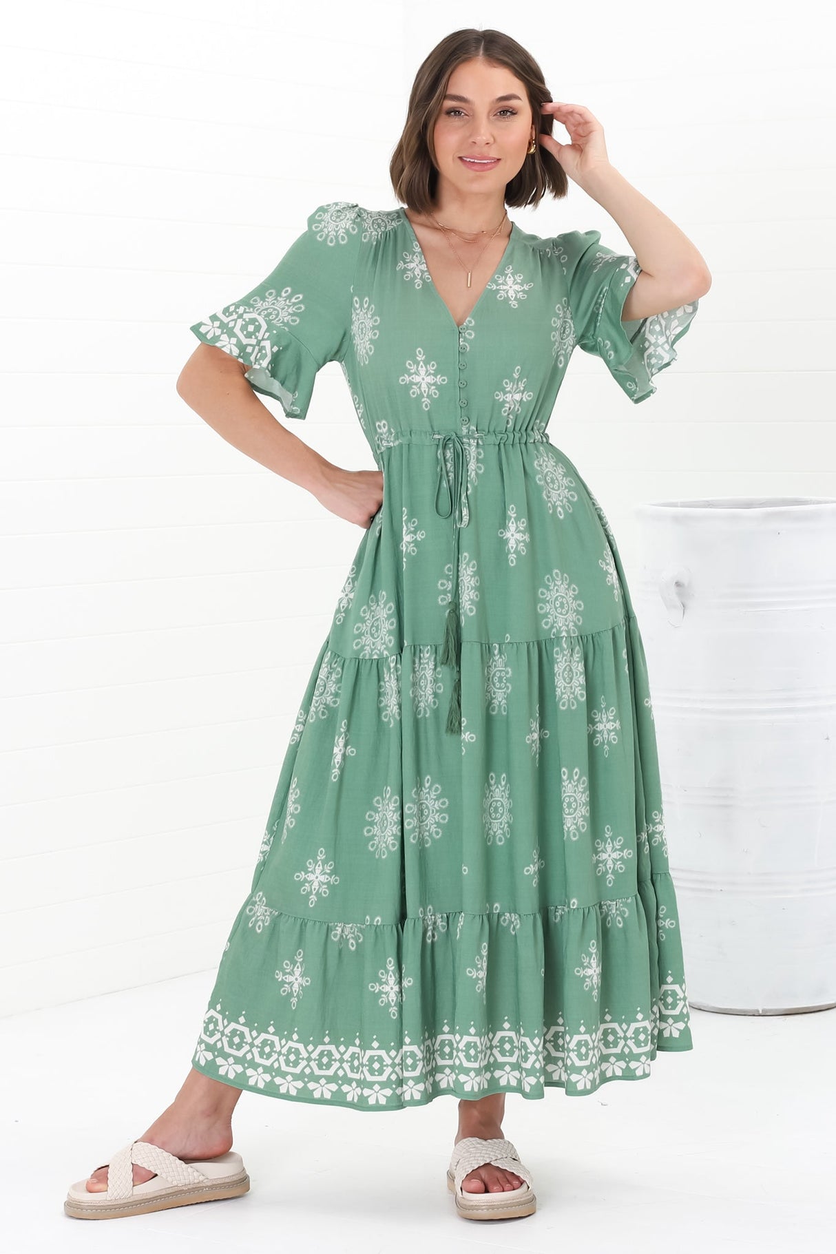 Kama Maxi Dress - Buttoned Bodice Pull Waist A Line Dress in Feba Print Green