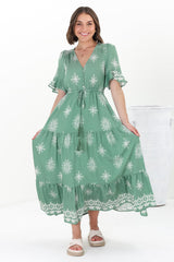 Kama Maxi Dress - Buttoned Bodice Pull Waist A Line Dress in Feba Print Green