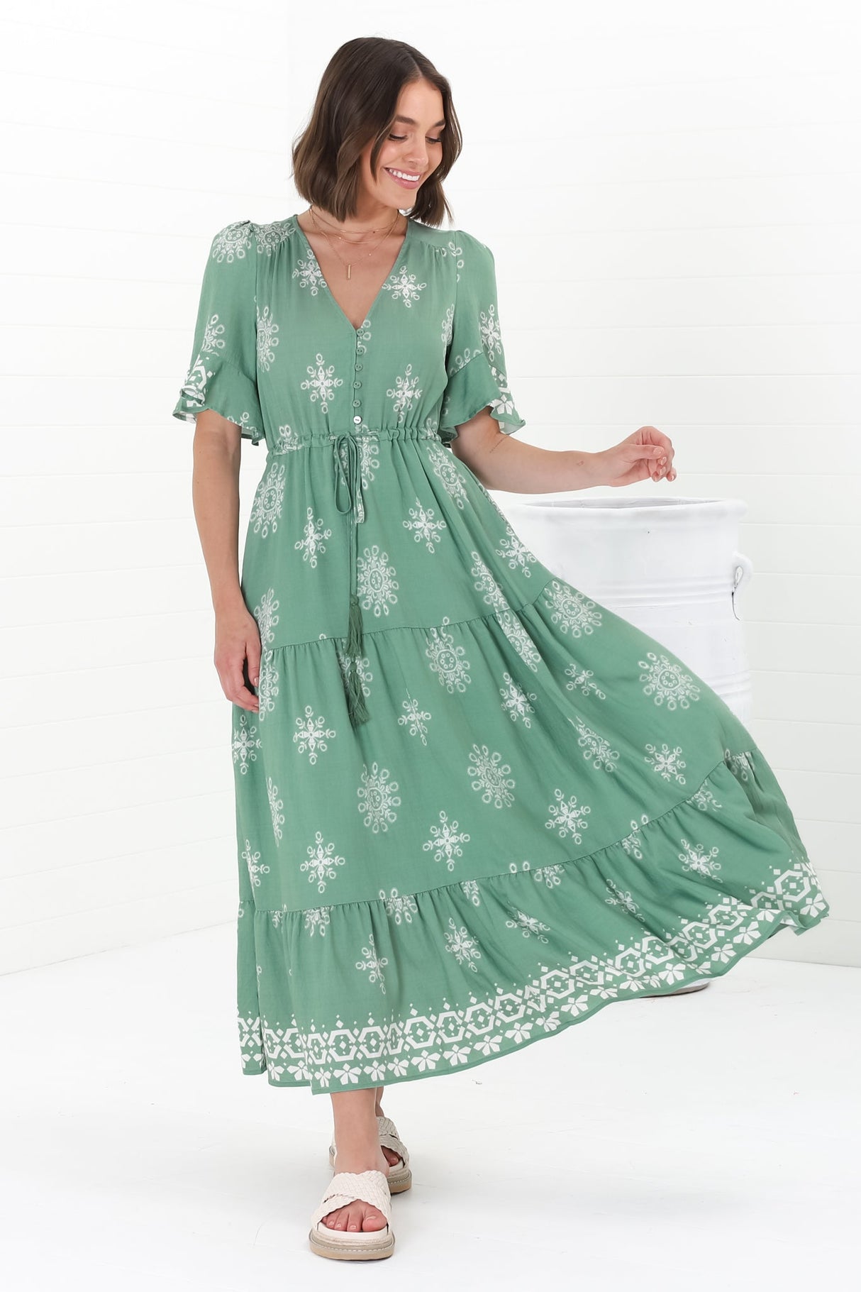 Kama Maxi Dress - Buttoned Bodice Pull Waist A Line Dress in Feba Print Green